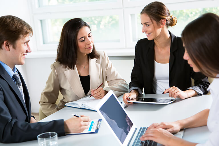 a group of people working together